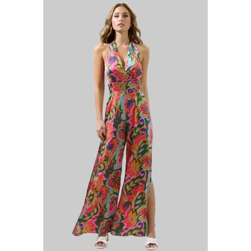 Sugar‎ Lips Sunset Capri Halter Jumpsuit Bright Floral Psychedelic Wide Leg Boho